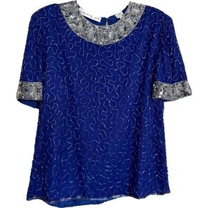 Vintage Scala Beaded Blouse Silk Lined Zip Sequin Formal Evening Y2K Size PL